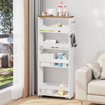 Veerev k&auml;ru 5-tasandiline k&ouml;&ouml;gik&auml;ru kitsas riiul ratastel terasest k&auml;epide v&auml;ikestesse ruumidesse 40 x 15 x 100 cm k&ouml;&ouml;k vannituba elutuba t&ouml;&ouml;tuba tamm + valge