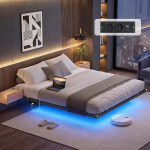 VASAGLE Bettgestell 180 x 200 cm, schwebender Effekt, LED-Beleuchtung, abnehmbare Steckdosenleiste, 2 AC-Steckdosen, 1 USB-C-Anschluss, 2 USB-A-Anschl&uuml;sse, kannab kuni 500 kg, tintenschwarz RMB178B101