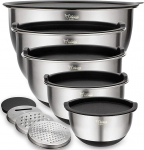 Wildone Stainless Steel Mixing Bowl Set with Airtight Lids, 3 Grater Attachments, Measuring Marks and Non-Slip Bases, Size 5, 3, 2, 1.5, 0.63 QT, Ideal for Mixing and Serving