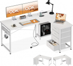 ODK Bianco nurgalaud 4 sahtliga, 135 x 100 cm L-kujuline laud koos pistikupesa ja USB-laadimispordiga, p&ouml;&ouml;ratav laud koos hoiuruumiga kodukontorisse