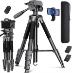 Lusweimi 187 cm kaamerastatiiv, alumiiniumist reisistatiiv 360&deg; Panorama Fluid pea ja 2 QR-plaadiga Sony/Nikon/Canon, telefonistatiiv mobiiltelefonihoidjaga/kaugjuhtimispuldiga Tiktok/YouTube/Vlog/Video (555+)