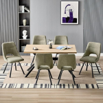 WAFTING s&ouml;&ouml;gilaua ja toolide komplekt, ristk&uuml;likukujuline puidust s&ouml;&ouml;gilaud 140 x 80 x 76 cm ja 6 moodsat l&auml;bipaistvat kasmiirist tooli s&ouml;&ouml;gituppa, k&ouml;&ouml;ki, elutuppa, taupee v&auml;rvusega.