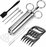 ZITFRI Pulled Pork Set Including Roasting Syringe Pulled Pork Claws Marinating Brush Stainless Steel Meat Syringe 60 ml Marinade Syringe with 3 Needles Brush Meat Claws Spice Syringe for BBQ Grill
