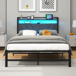 VERFARM Upholstered Bed, 120 x 200 cm, Metal Bed, Double Bed, Bed Frame with LED and Charging Station, Bed Frame with Storage Space, Youth Bed, Guest Bed, Bed Frame with Headboard, Perfect for Bedroom
