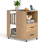 COSTWAY ratastega k&uuml;ljelaud, &ouml;&ouml;kapp pistikupesade ja 2 sahtlitega ning avatud riiulitega, &ouml;&ouml;kapp magamistuppa, elutuppa, kontorisse, 60 x 40 x 65,5 cm (naturaalne)