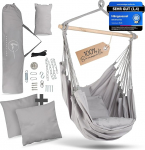 BELLAMATILDA ripptool 100% puuvillast + 360&deg; paigaldustarvikud, eriti pikk ja 3 padja, &otilde;ues ja siseruumides ripptool, XXL ripptool t&auml;iskasvanutele ja lastele kuni 150 kg, aed, elutuba, r&otilde;du, hall