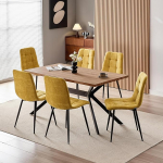 S&ouml;&ouml;gitoa komplekt 6 tooliga, 140 x 80 x 73 cm, HDF s&ouml;&ouml;gilaud tumeda puidumassiiviga ja polsterdatud kollased s&ouml;&ouml;gitoolid k&otilde;rge seljatoega ja linase disainiga, k&ouml;&ouml;ki, s&ouml;&ouml;gituppa, elutuppa.