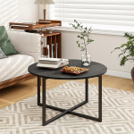 BOFENG Round Coffee Table Tea Table Side Table Sofa Table for Living Room with Metal Legs Black + Black