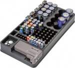 Patareikarp koos testeriga - 98 sektsiooniga patareikarp / patareideta organiseerija, AAA, AA, C, D ja 9V plokkpatareidele, eemaldatav patareitesti, musta v&auml;rvi.