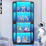 BROTTAR Corner Display Cabinet with Glass Doors, Tall 165 cm Corner Bookcase with 3 Colours LED Lighting, 4 Levels Display Cabinet with Intelligent Sensors for Living Room, Bedroom, Office, Black