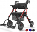 VOCIC 2-in-1 ratastooli rollator kokkupandav ja kerge istmega, v&auml;litingimustes kasutatavad kummist rehvid igale maastikule, kerged rullid v&otilde;rgutaskuga, alumiiniumist k&otilde;ndimisabi, transporditooli, punane (5-aastane toetus)