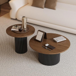 Set mit 2 runden Couchtischen aus Massivholz, Bauernhaus, geriffelt, f&uuml;r Wohnzimmer, kleiner Mitteltisch, Braun und Schwarz, rustikale Heimdekoration