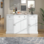LERFAN Sideboard Wooden Cabinet with 4 Doors and 2 Drawers, Modern Buffet Cabinet with Large Storage Space and Sturdy Base for Dining Room, Living Room, 150 W x 40 D x 86 H cm, White