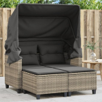 Gartensofa 2-Sitzer mit Dach und Hockern aus Poly Rattan inklusive Fu&szlig;hocker und abnehmbaren Kissen Hellgrau