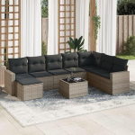 9-TLG. Garten-Sofagarnitur mit Kissen Grau Poly Rattan, Outdoor Sitzgruppe mit Stauraum, Gartenm&ouml;bel Set mit abnehmbaren Kissen als PE Rattan Gartensofa Set
