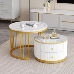 Elegantne 2-osaline valge pesakujuline kohvilaudade komplekt, 60 x 60 x 45,5 cm ja 50 x 50 x 32 cm, &uuml;mmargused lauad k&otilde;rgl&auml;ikega marmori v&auml;limusega, 2 sahtlit, maksimaalne koormus 30 kg, pesakujuline kombineeritud kohvilaud
