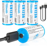 CR123A 3V liitiumaku, 4 3V laetava USB-liitiumaku pakett, kuni 3000 ts&uuml;klit USB-C laadimisportiga, kiirlaadimine 2 tunniga, 123A aku 700mAh ukseluku s&otilde;rmej&auml;ljele jne.