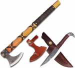 CraftTal 2 in 1 Viking kirves koos Raven Head Knife sepistatud 1095 Carbon Steel Rosewood k&auml;epidemega Nordic Camping Survival Axe koos nahast &uuml;mbrisega