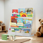 COSYLAND Laste raamaturiiul 6 Oxfordi kangast kambriga - naturaalsest puidust laste raamaturiiul - &uuml;mardatud nurkadega ja suure mahutavusega raamaturiiul lastetuppa 75 L x 30 L x 76 K cm