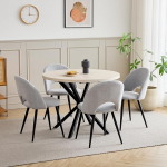 DEYARNA HOME 100 cm &uuml;mmargune s&ouml;&ouml;gilaud (travertiinist) koos 4 sametist s&ouml;&ouml;gitooliga, laud ja 4 tooli k&ouml;&ouml;ki, s&ouml;&ouml;gituppa, elutuppa ja kontorisse (kollane travertiinist laud + hallid toolid)