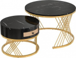 Set mit 2 runden Couchtischen mit Stauraum, Schwarz & Gold, madaliges Design, Rattan-Schubladen, perfekt f&uuml;r Wohnzimmer und Schlafzimmer, Nisttische f&uuml;r platzsparende Aufbewahrung