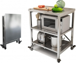 AMSXNOO Stainless Steel Serving Trolley, 3 Levels, Foldable Serving Trolley, Stainless Steel Trolley, Kitchen Table with 4 Wheels, Stainless Steel Tisc, Food Preparation Table, Microwave Holder