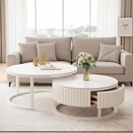Moderner wei&szlig;er runder Couchtisch 2-in-1 2-in-1 Nisttische mit leiser Schublade und Metallfelsplatte, stilvoller Beistelltisch f&uuml;r Wohnzimmer, Schlafzimmer & B&uuml;ro