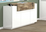 Dmora - Renzo Kitchen Sideboard with 4 Doors, Living Room Buffet, 100% Made in Italy, 140 x 45 x 86 cm, Glossy White and Maple