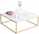 MEUBLE COSY Coffee Table with Marble Look Living Room Table Square Sofa Table with Steel Frame Side Table White + Gold 80 x 80 x 34 cm