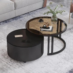 &Uuml;mmargune kohvilaud, 2-osaline komplekt, hoiuruumiga, loominguline &uuml;mmargune klaasist kohvilaud metallraamiga v&auml;ikestesse ruumidesse, elutuppa, magamistuppa, rattaga r&otilde;dudele (A-must)