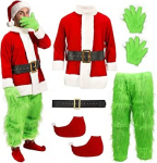 Adult Green Monster 7 Pieces Christmas Elf Santa Fur Mask Outfit Gloves Hat Deluxe Christmas Costume Cosplay Suit