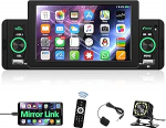Podofo 1 DIN autoraadio Bluetooth k&auml;ed-vabad funktsiooniga, 5-tolline HD puuteekraaniga autode multimeedia m&auml;ngija koos roolijuhtimispuldiga / peeglilink / Dual USB / FM + tagurduskaamera + mikrofoniga