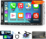 Double DIN raadio juhtmevaba Carplay ja Android Car - 7-tolline autoradio Double DIN FM-raadio, GPS-navigatsioon, mitu kasutajaliidest, Bluetooth 5.1, USB/AUX koos tagurduskaameraga