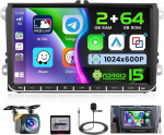 Ohradio 2G + 64G Android 15 autoraadio VW Golf Polo Tiguan Touran Caddy Passat Seat Stereo 9-tollise puuteekraaniga Traadita CarPlay Android auto GPS FM/RDS raadio WiFi 2USB + tagurduskaamera + mikrofon