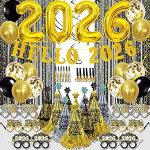 2026 uusaasta &otilde;htu dekoratsioon - must fooliumkardin, Tere 2026 b&auml;nner, fotokabiini rekvisiitide paber, lateks &otilde;hupallid, &otilde;nneliku uue aasta prillid, peom&uuml;tsid ja puhurid