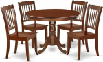 East West Furniture HLDA5-MAH-W 5-osaline s&ouml;&ouml;gilaudade komplekt sisaldab &uuml;mmargune s&ouml;&ouml;gilaud koos alusega ja 4 puidust tooli 42" x 42" mahagonist