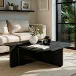 moebel17 kohvilaud 90 x 90 cm travertiini v&auml;limusega, L-kujuline &uuml;marate servadega elutoa laud, elegantne diivanilaud p&auml;hklipuu v&auml;limusega modernse skandinaavia disaini jaoks (1, must)