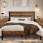 VECELO voodiraam 140 x 200 cm, metallist voodi paksu puidust pealae ja lamellip&otilde;hjaga, kaheinimesevoodi koos voodi all oleva hoiuga, sobib ideaalselt magamistuppa, pruun
