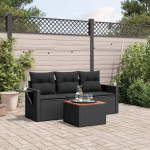 4-TLG. Garten-Sofagarnitur mit Kissen Schwarz Poly Rattan, Garten Sofa Set mit Ablage und waschbaren Kissen, Gartensofa Set mit Akazienholz Tisch