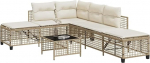 3-TLG. Garten-Ecksofa-Set mit Kissen und Glasplatte - Garten-Sofagarnitur f&uuml;r Terrasse mit verstellbaren Seitenteilen aus Poly Rattan in Beige