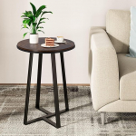 Side Table Round Side Table Vintage Brown MDF Surface Modern Coffee Side Table for Living Room Bedroom Bedside Table with Black Steel Frame for Small Spaces