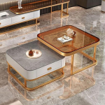 Modernes Couchtisch-Set aus Glas mit Metallrahmen, quadratisch, goldfarben, Aufbewahrungstische f&uuml;r Wohnzimmer, einfache Montage, Heimm&ouml;bel