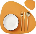 Ebaregulaarse kujuga PU nahast laualusad komplekt, &otilde;likindel, veekindel, k&ouml;&ouml;gilaudadele, bistrolaudadele, baaridele, kohvikutele, hotellidele (v&auml;rv : CD Orange Yellow, suurus : pacemat ja alusplaat)