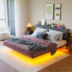 HOMERECOMMEND Voodi 140 x 200 cm, Kahekohaline voodiraam, h&otilde;ljuv visuaalne efekt, LED-valgustusega voodi, Kahekohaline voodiraam 140 x 200 cm koos panipaigaga ja lamellraamiga, k&otilde;rge peatugi, tumehall