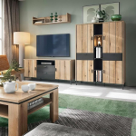 Lomadox Living Room Set in Oak with Anthracite Industrial Style 4-Piece with Coffee Table and Living Wall, Metal Feet, Soft Close Doors, Drawers with Full Extension