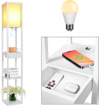 YU YUSING P&otilde;randavalgusti puidust riiulitega, 2 USB-laadimispesa ja 1 sahtli, sisevalgustus, 1,6 m puidust p&otilde;randavalgusti koos riiulitega magamistuppa ja elutuppa, valge