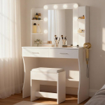 BonVache riietuslaud valgustusega, v&auml;rvilise temperatuuri reguleerimise, peegli ja pistikupesadega, kosmeetikalaud 6 avatud riiuliga ja f&ouml;&ouml;nihoidjaga, 2 sahtliga ja joodikuga.