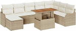 9-teiliges Garten Sofa Set mit Kissen Beige Poly Rattan Akazie, 2-Sitzer Garten Sofa mit Kissen Beige Poly Rattan Gartenlounge Model3349497
