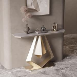 Moderner kreativer Sofatisch aus Steinplatten - stilvoller Grauer Eingangstisch mit goldenem Metallfu&szlig;, abgerundeten Ecken f&uuml;r Wohnzimmer, Schlafzimmer und Flurdekoration (100 x 30 x 80 cm)