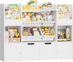 FOREHILL Children's Shelf, Bookcase for Children, Children's Room Furniture Made of Wood Shelf for Children's Room with 2 Storage Boxes on Wheels, Children's Cabinet with 4 Boxes 126 x 30 x 104 cm